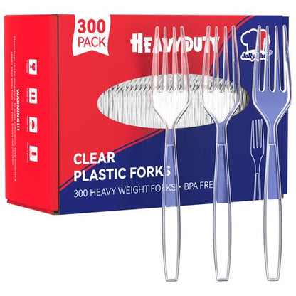 JOLLY CHEF 300 Count Clear Plastic Forks Heavy Duty, 7.1" Heat Resistant Solid and Durable Plastic Forks Disposable, Disposable Bulk Cutlery Suitable for Parties Supply Events Everyday Use