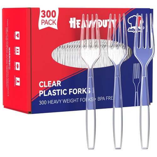 JOLLY CHEF 300 Count Clear Plastic Forks Heavy Duty, 7.1" Heat Resistant Solid and Durable Plastic Forks Disposable, Disposable Bulk Cutlery Suitable for Parties Supply Events Everyday Use