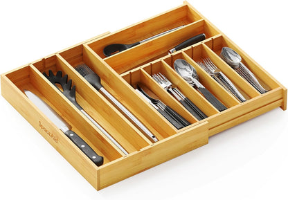 SpaceAid Bamboo Silverware Drawer Organizer - Expandable Utensil Tray with Labels for Flatware Storage (Natural)