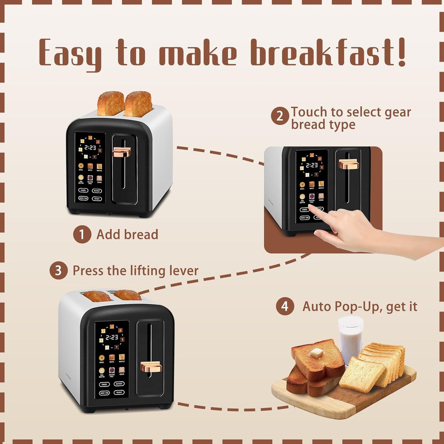 SEEDEEM 2-Slice Toaster - Touch Screen, 7 Shade Settings, 1.5" Wide Slots, Dark Chocolate Finish