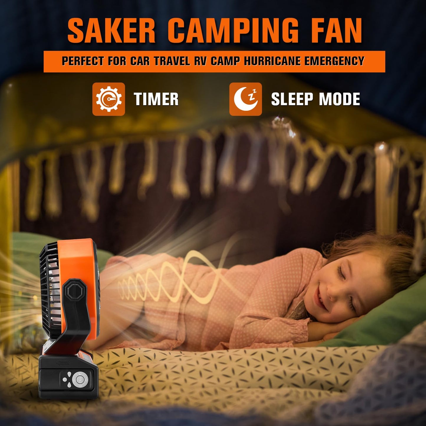 Saker Rechargeable Camping Fan-20000mAh Battery Powered Tent Fans with Hanging Hook,LED Lantern,Auto-Oscillating,Quiet Portable Ceiling Table Fan for Car Travel RV Camp Hurricane Emergency
