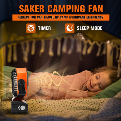 Saker Rechargeable Camping Fan-20000mAh Battery Powered Tent Fans with Hanging Hook,LED Lantern,Auto-Oscillating,Quiet Portable Ceiling Table Fan for Car Travel RV Camp Hurricane Emergency