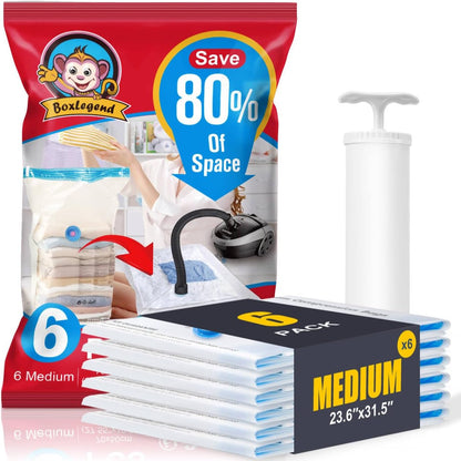 BoxLegend Vacuum Storage Bags - Thickened Waterproof Seal Bags with Hand Pump | 6 Medium 19.68’’x27.56’’ for Clothing & Bedding Storage