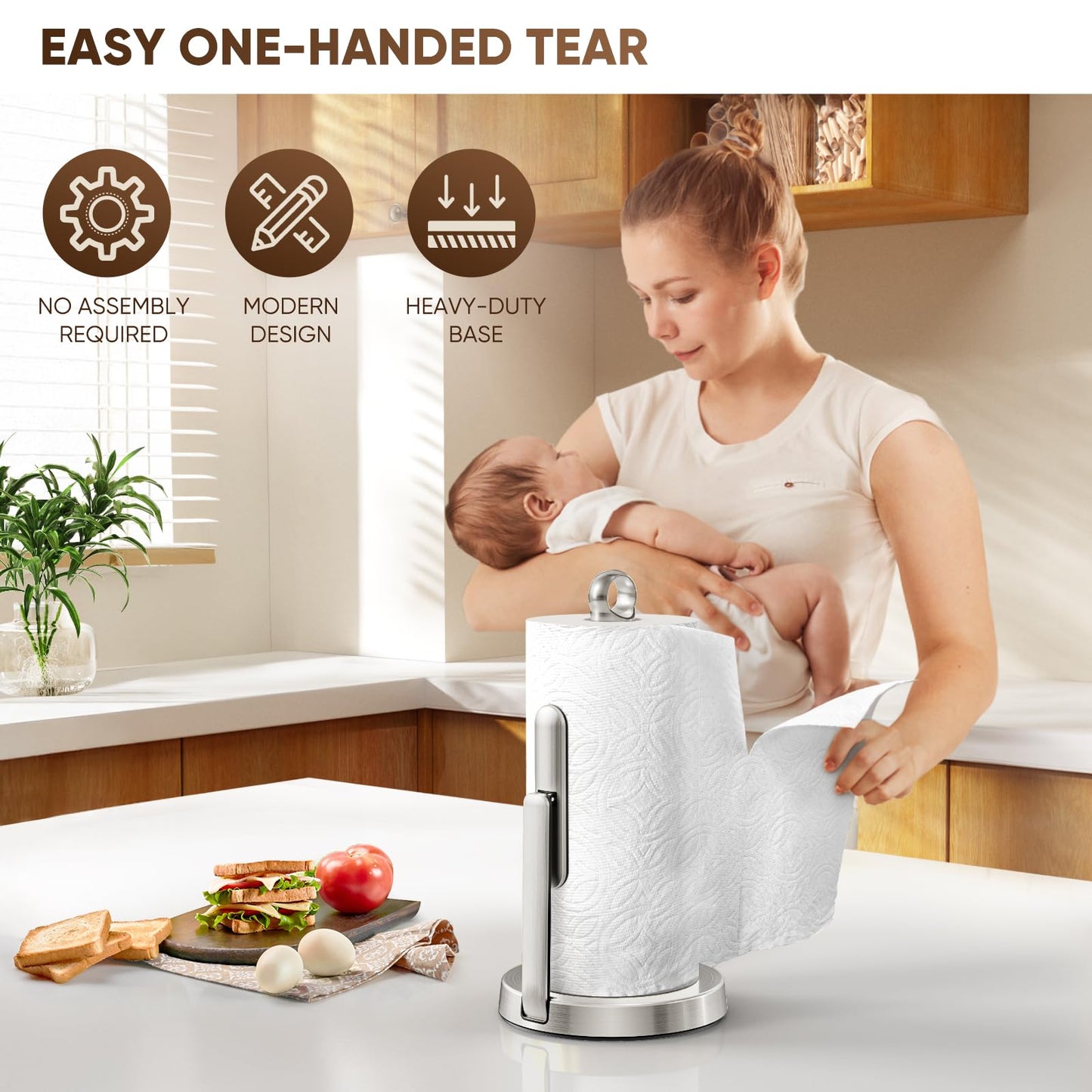 theaoo Heavy-Duty Stainless Steel Paper Towel Holder with Tension Arm – Easy One-Handed Tear, Modern Standing Countertop Dispenser for Kitchen, Holds All Paper Towel Rolls (1, Silver)