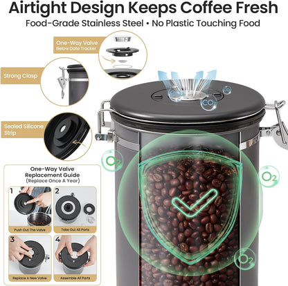 Veken Coffee Canister - 39oz Airtight Stainless Steel Storage for 2.2lbs Coffee, Sugar, Tea & More | Gray