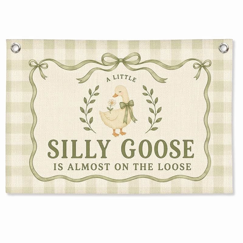 Silly Goose Baby Shower Banner - Nursery Wall Decor 30x20, sily goose green, Linen Canvas