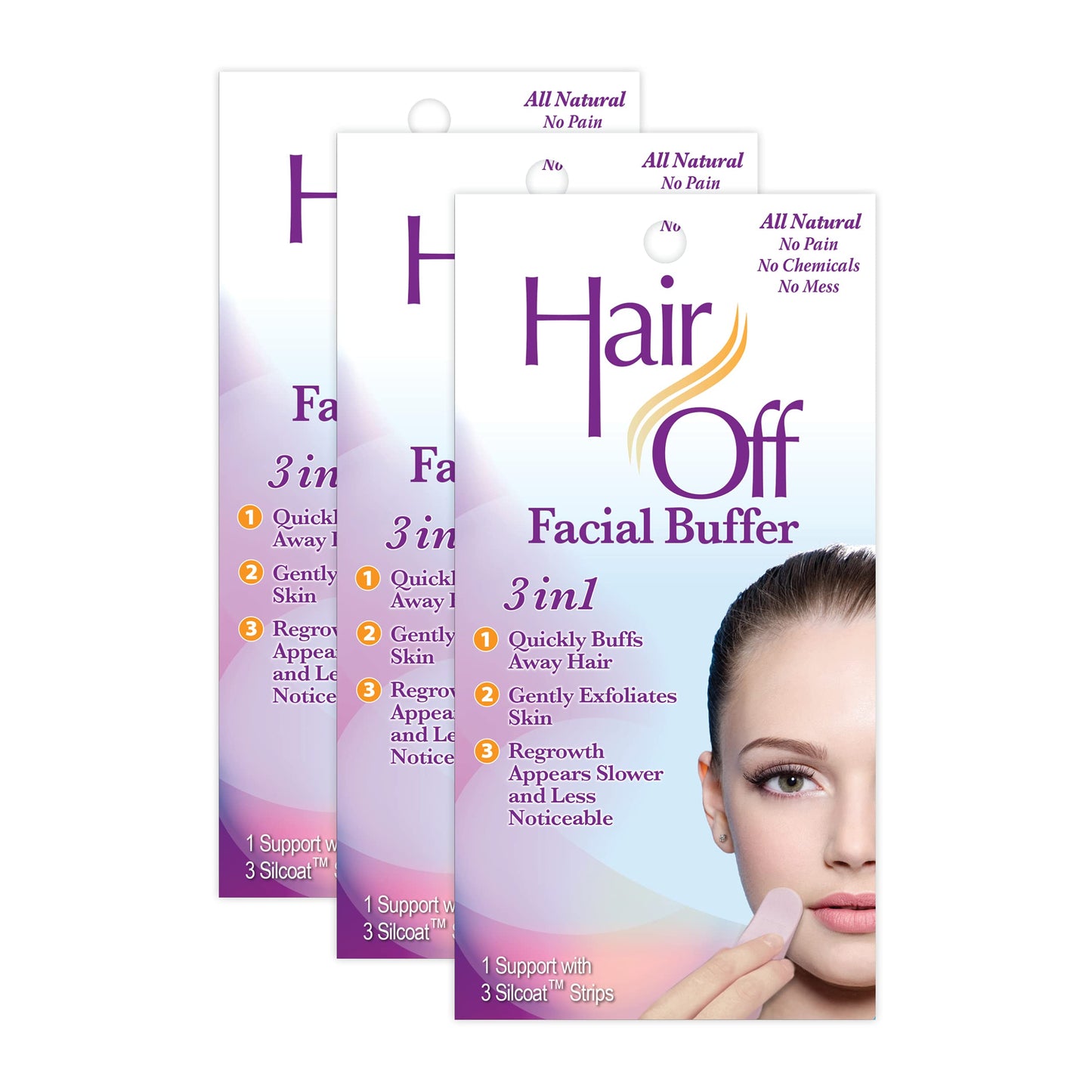 Hair Off Facial Buffer - Painless & Chemical Free Facial Hair Remover & Gentle Face Exfoliator - Hair Eraser to Slow Regrowth on Chin, Lip & Cheeks (3 Buffers Per Box, Pack of 3)