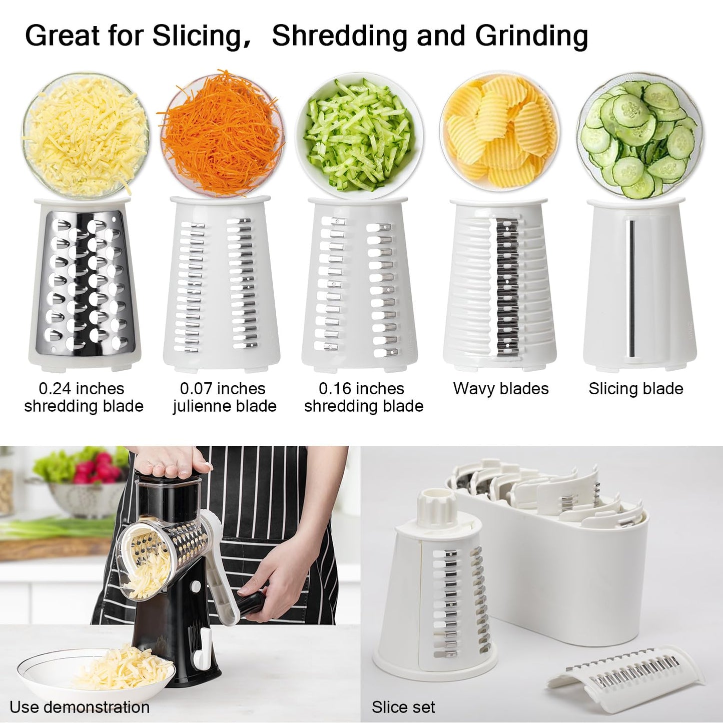Rotary cheese grater - hand-cranked,5in1 washable & easy to clean - perfect for chefs, cuts cheese, veggies, fruits, nuts, crackers - upgraded model with strong suction-Hand Crank Cheese Grater