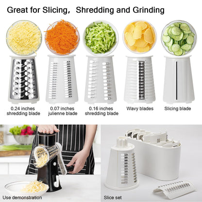Rotary cheese grater - hand-cranked,5in1 washable & easy to clean - perfect for chefs, cuts cheese, veggies, fruits, nuts, crackers - upgraded model with strong suction-Hand Crank Cheese Grater
