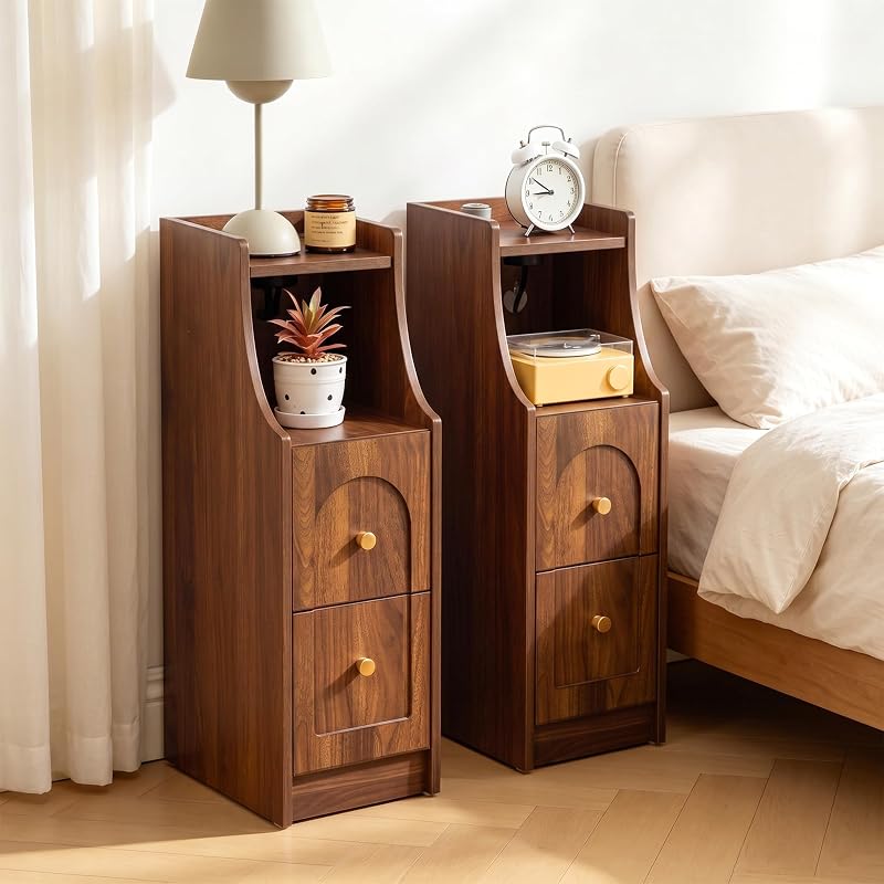 Ultra Narrow Nightstand Set of 2 with Charging Station — Walnut 2 Packs, 2 Drawers & Open Shelf