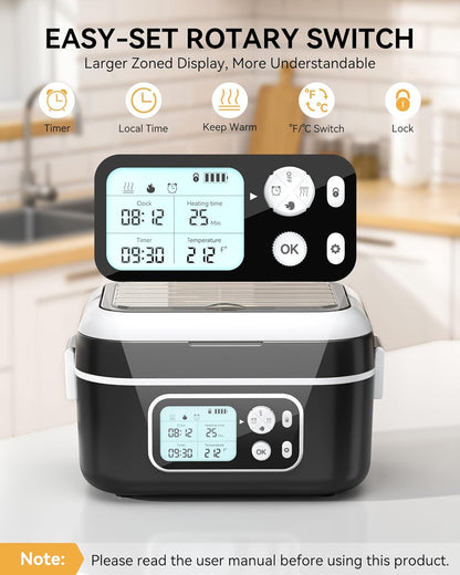 Yofidra Heated Lunch Box - Cordless 24000mAh Electric Food Warmer with Smart Timer | 6.3-Cup Capacity, Black