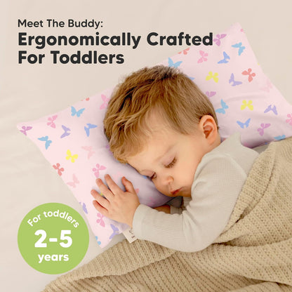 My Little Dreamy Toddler Pillow - Organic Cotton Travel Bed Pillow with Case, Soft & Breathable, 10x18 Inches, Ages 2-5 (Flutter)