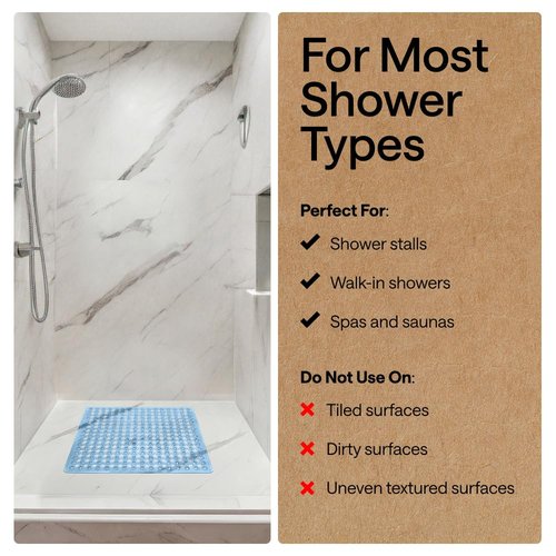 GORILLA GRIP Patented Square Shower Stall Mat, Small Bathtub Floor Mats for Stand Up Showers with Suction Cups and Drainage Holes, Machine Washable, Soft on Feet, Bathroom Accessories 21x21 Inch, Blue