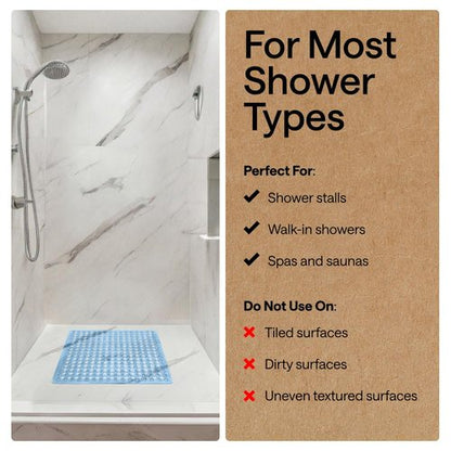 GORILLA GRIP Patented Square Shower Stall Mat, Small Bathtub Floor Mats for Stand Up Showers with Suction Cups and Drainage Holes, Machine Washable, Soft on Feet, Bathroom Accessories 21x21 Inch, Blue