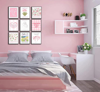 Skiennix 9-Piece Pink Christian Wall Art Set - Trendy Bible Verses & Psalms Decor | 8x10 Inch Prints for Girls' Rooms