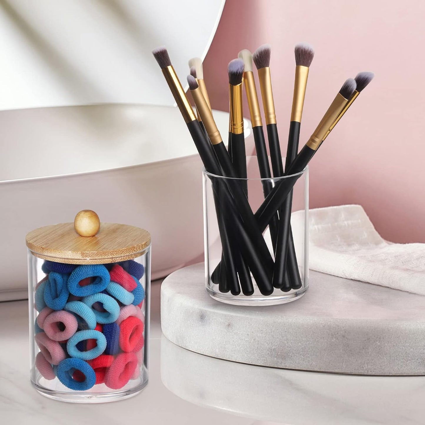 Tbestmax Qtip Holder - 10-Ounce Clear Plastic Bathroom Organizer with Bamboo Lids | 4 Pack for Cotton Swabs & Balls