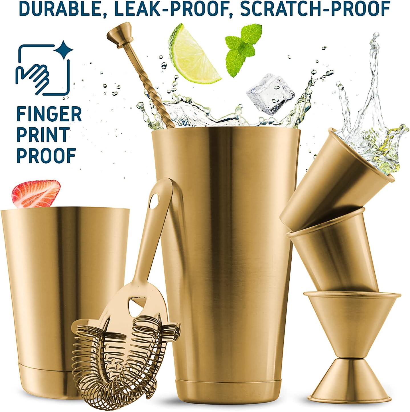 Skiennix Cocktail Shaker Set - 16-Piece Stainless Steel Mixology Kit with Gold Finish | Includes 30oz Shaker, Muddler, Jigger & Recipe Book