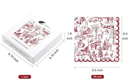 Christmas Napkins 50 Ct 3-Ply Red Toile Village 6.5" Disposable Dinner Napkins