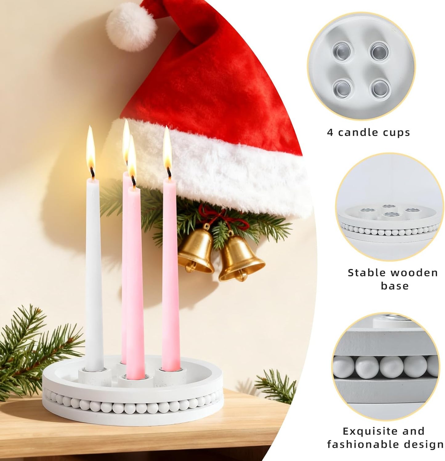 Skiennix 7-Inch Wooden Candle Holder - Advent Wreath with Bead Design for Christmas Decor | White