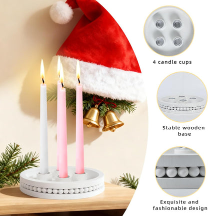 Skiennix 7-Inch Wooden Candle Holder - Advent Wreath with Bead Design for Christmas Decor | White
