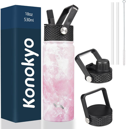 Skiennix 18 oz Insulated Stainless Steel Water Bottle - Marble Blossom | 3 Lids Included