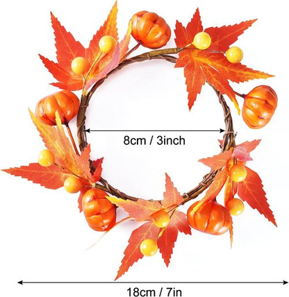 Fall Candle Rings by 6Pcs | Artificial Pumpkin & Maple Leaf Wreaths for Autumn Decor | 3.1" ID / 7" OD