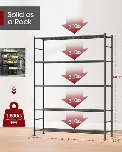 Sakugi Storage Shelves - Heavy Duty 5-Tier Shelf Organizer for Garage, Pantry & Kitchen | 46.3" W x 12.6" D x 60.3" H, Black