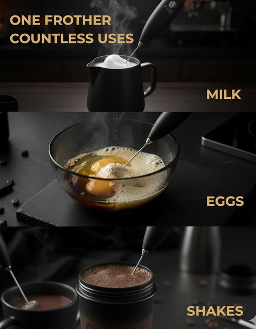 Bean Envy Milk Frother - Handheld Coffee Frother with Stand for Lattes, Cappuccino & Matcha - Black