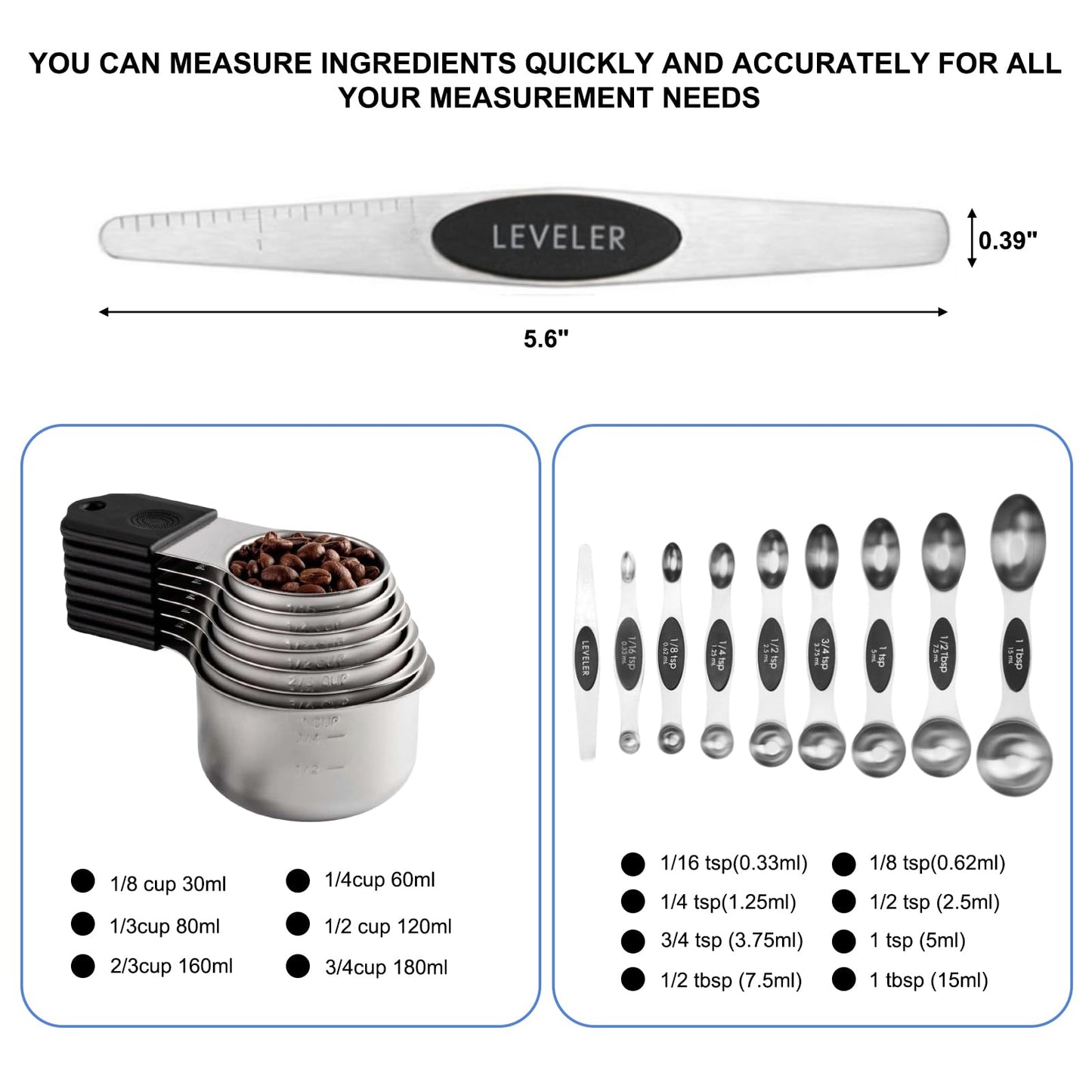 Spalivivre Magnetic Measuring Cups and Spoons Set, 16PCS with 7 Stainless Steel Measuring Cups 8 Magnetic Spoons and 1 Leveler for Measure Dry and Liquid Ingredients, Dishwasher Safe and Stackable