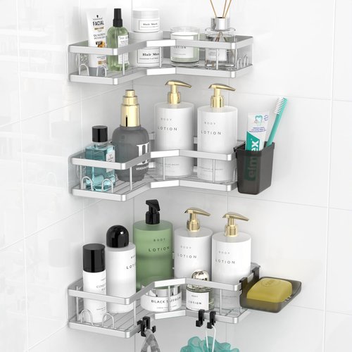 **AKTECKE Corner Shower Caddy | Adhesive Bathroom Organizer - Rustproof Stainless Steel - 3-Pack No Drilling**