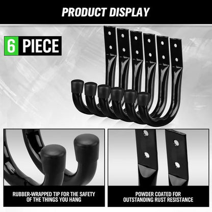 Heavy Duty Garage Storage Hooks - 6-Piece Bike Wall Mount J Hooks | Large Metal Utility Organizer