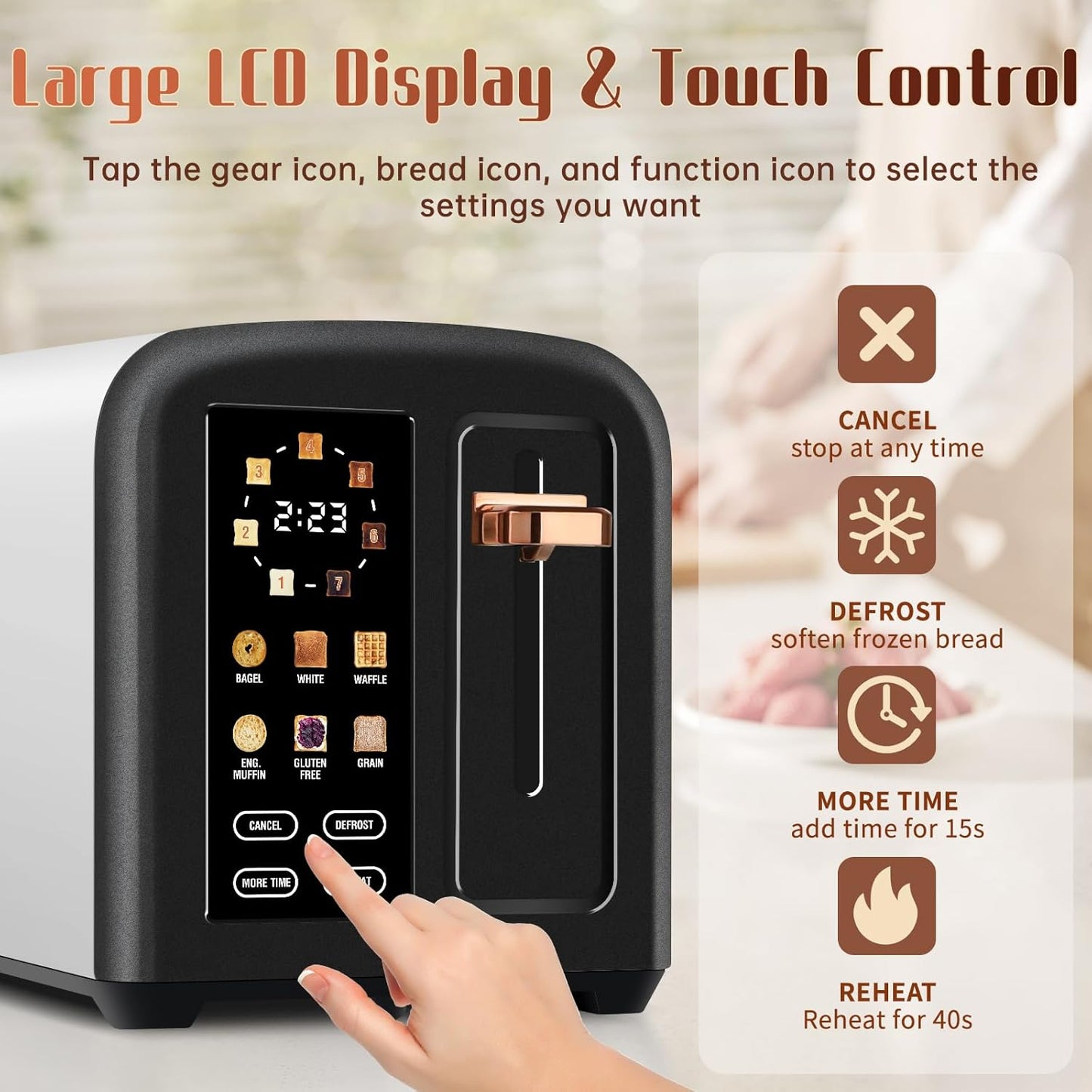 SEEDEEM 2-Slice Toaster - Touch Screen, 7 Shade Settings, 1.5" Wide Slots, Dark Chocolate Finish
