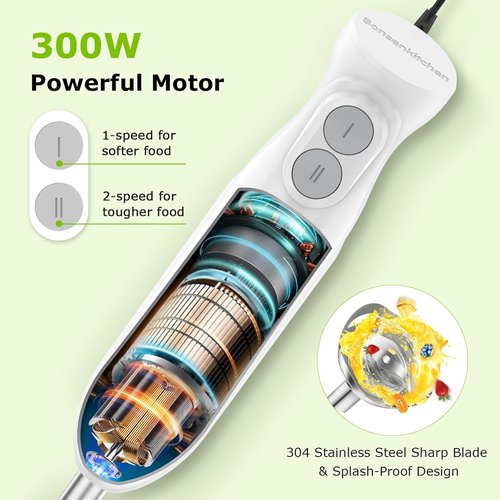 Bonsenkitchen Immersion Blender - 4-In-1 Handheld Stick Mixer with Whisk & Chopper Bowl - White