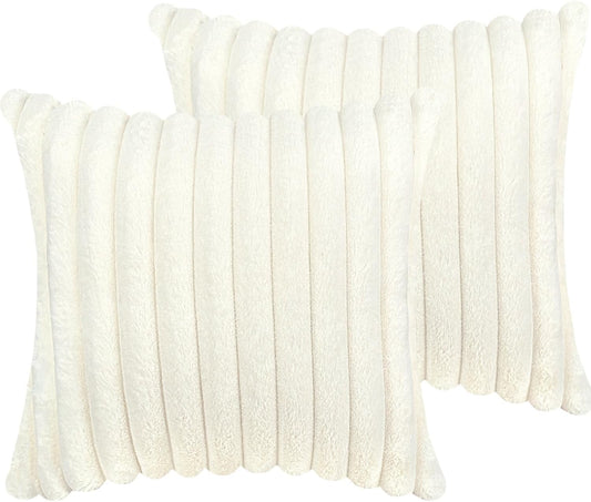 Skiennix 18x18 Throw Pillow Covers - Soft Fluffy Faux Fur & Velvet Back, Set of 2 - Cream White Home Décor