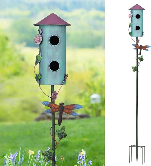BAYN 57” Metal Birdhouse Stake - Double-Hole Wild Bird Feeder with Cylinders Design for Outdoor Decor