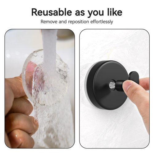 Josmimic Suction Cup Hooks for Shower, Removable Towel Hooks for Bathroom, Kitchen, Glass Door, Mirror, Tile – Loofah, Towel, Coat, Bath Robe Hook for Hanging, Black 2 Pack
