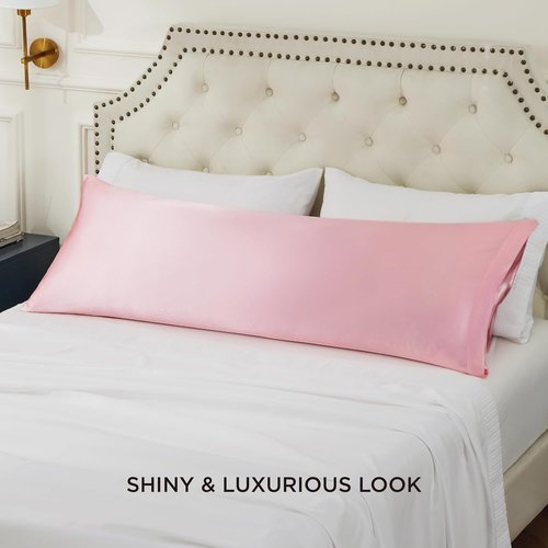 Bedsure Body Pillow Cover - 20x54 Inches Pink Satin Pillowcase for Hair & Skin | Cooling & Silky Design