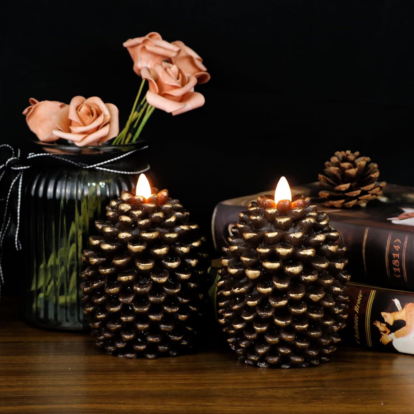 Wondise Flameless Candles - Battery Operated Real Wax Pine Cone Design with Timer | Set of 2, Brown (D3.5 x H4.7 Inch)