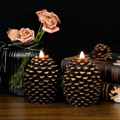 Wondise Flameless Candles - Battery Operated Real Wax Pine Cone Design with Timer | Set of 2, Brown (D3.5 x H4.7 Inch)