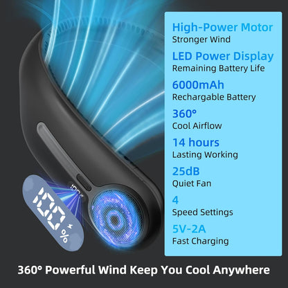 Skiennix Portable Neck Fan - Hands-Free Bladeless Design with 360° Cooling & LED Display - USB Rechargeable, 6000mAh Battery (Black)