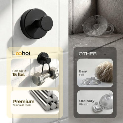 Upgraded Suction Cup Hooks for Shower, Heavy Duty Removable Towel Hooks for Bathroom Glass Door Wall, Stainless Steel Shower Hooks for Towel & Loofah (2 Pack, Black)