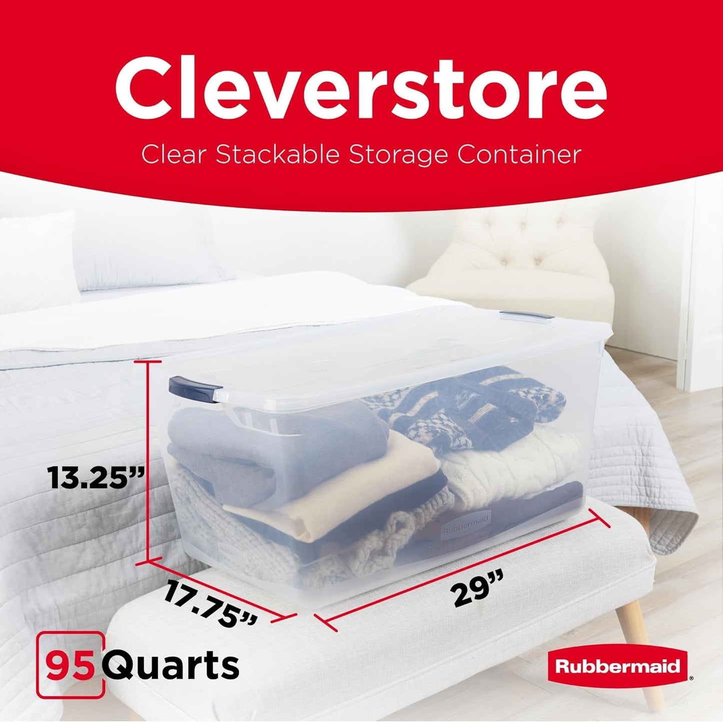 Rubbermaid Cleverstore 95 Qt Clear Storage Bins - Stackable, BPA-Free, 4-Pack | Made in USA