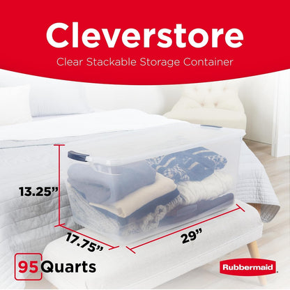 Rubbermaid Cleverstore 95 Qt Clear Storage Bins - Stackable, BPA-Free, 4-Pack | Made in USA