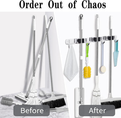 Skiennix Broom and Mop Holder - Wall Mounted Garage Organizer with 3 Racks & 4 Hooks | Heavy Duty Stainless Steel