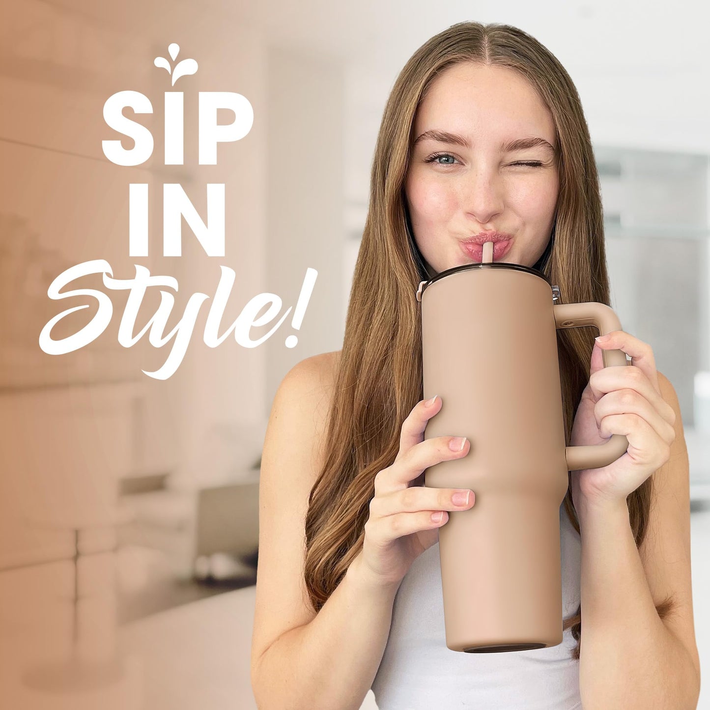 osse 40oz Tumbler with Handle and Straw Lid | Double Wall Vacuum Reusable Stainless Steel Insulated Water Bottle Travel Mug Cup | Modern Insulated Tumblers Cupholder Friendly (Mocha)