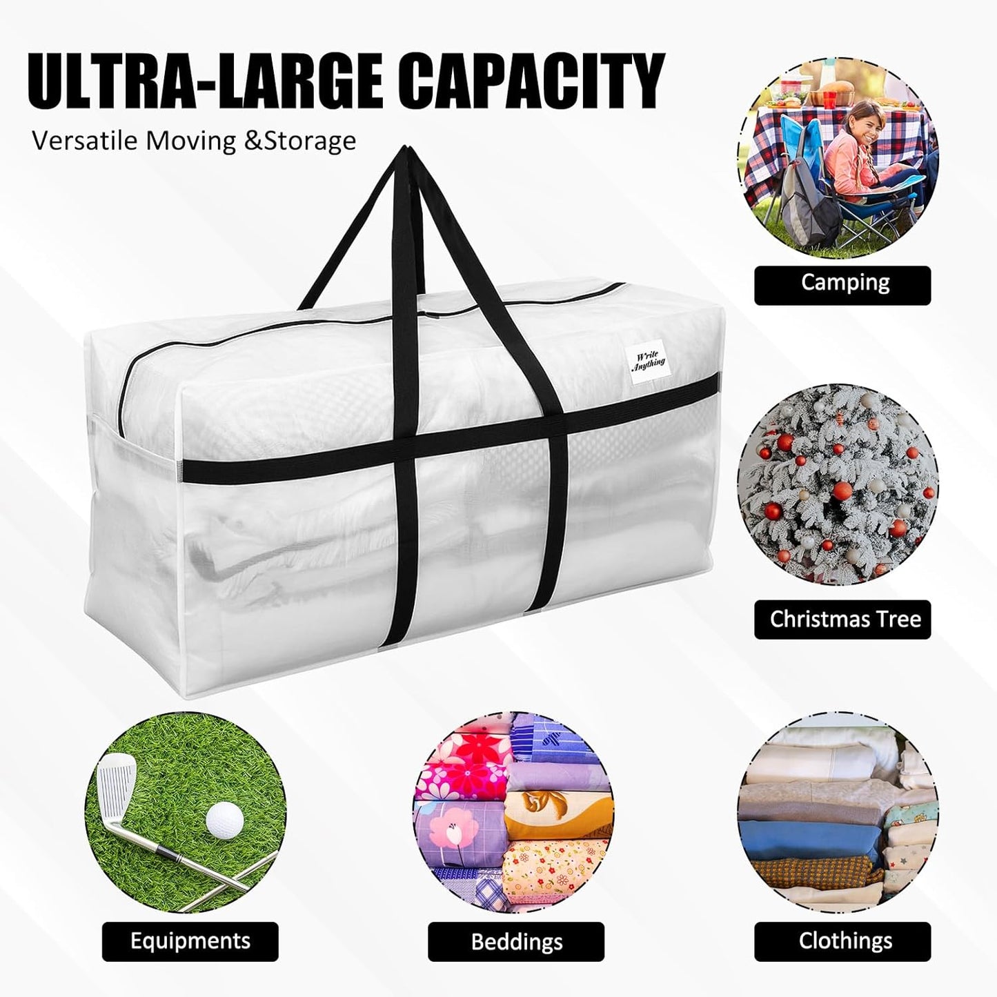 Skiennix 96 Gallon Extra Large Moving Bags - Heavy Duty Storage Tote with Strong Zipper Handle | Clear, Foldable Design