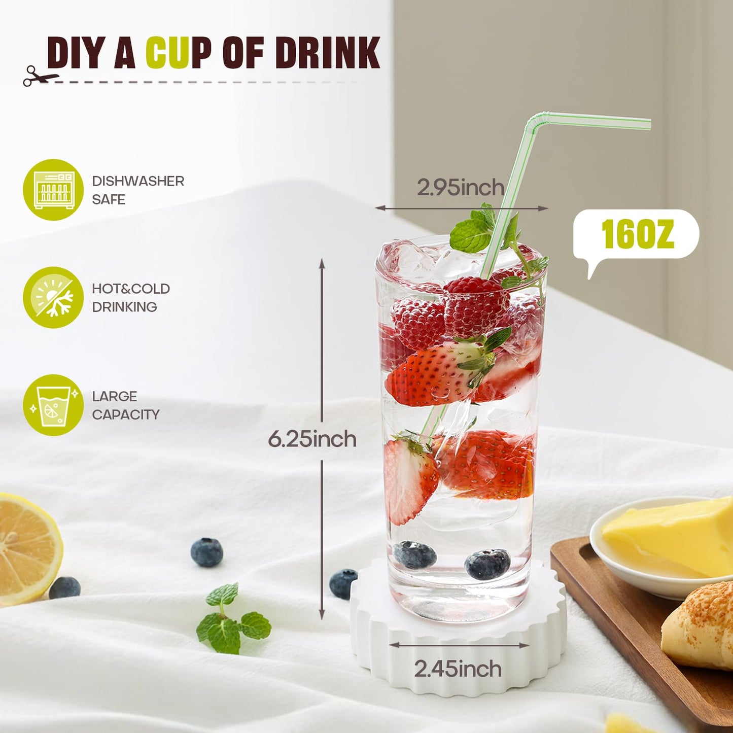 OUWO Highball Glasses Set of 6, 16oz Tall Drinking Glasses, Water Glass for Kitchen, Tom Collins Glasses, Mojito Glass Cups, Cocktail Glasses for Bar Glassware