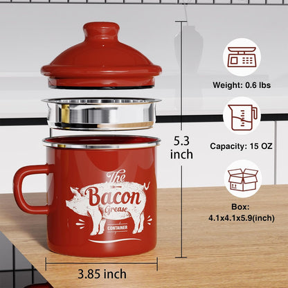 PGYARD Mini Bacon Grease Container - 15oz Enamel Strainer for Kitchen Fat Storage | Dishwasher Safe - Red