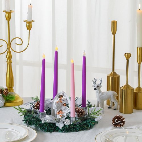 Jingmore Advent Candle Holder Kit - 6 Pcs with 12'' Wreath, Nativity Scene & 4 LED Candles for Christmas Decor