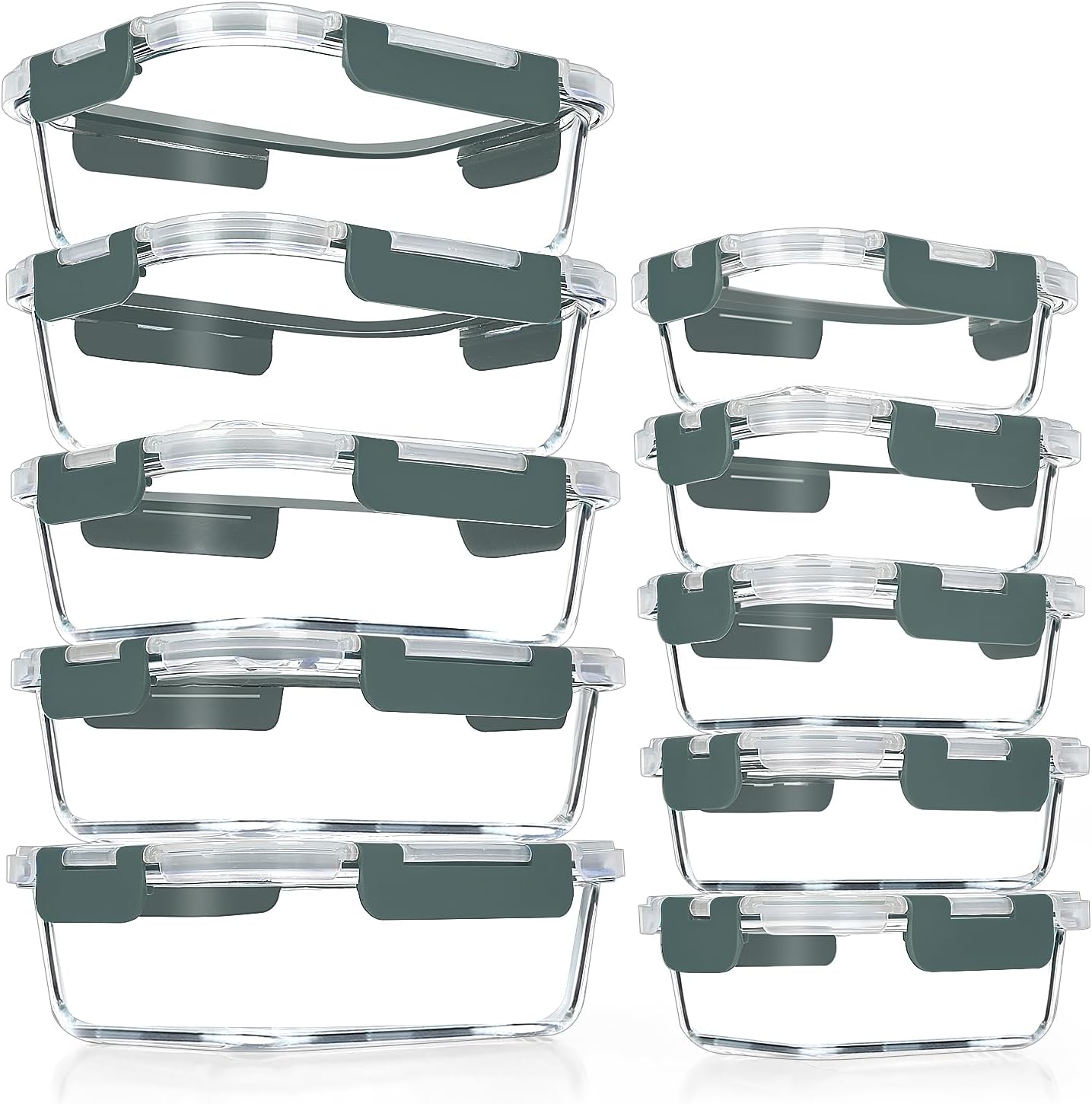 VERONES Glass Meal Prep Containers - 10 Pack Airtight, Stackable Food Storage Set with Lids | BPA-Free, Microwave & Oven Safe, Grey